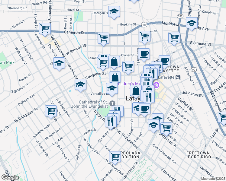 map of restaurants, bars, coffee shops, grocery stores, and more near 102 Versailles Boulevard in Lafayette