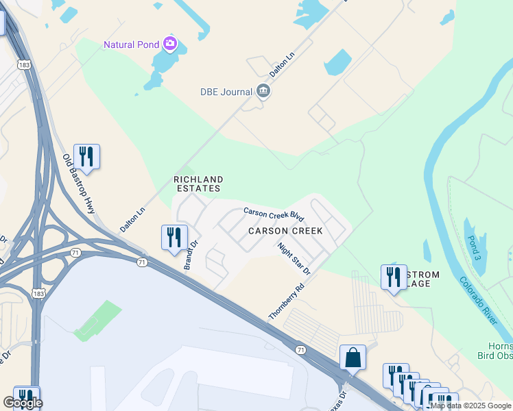 map of restaurants, bars, coffee shops, grocery stores, and more near 9406 Carson Creek Boulevard in Del Valle