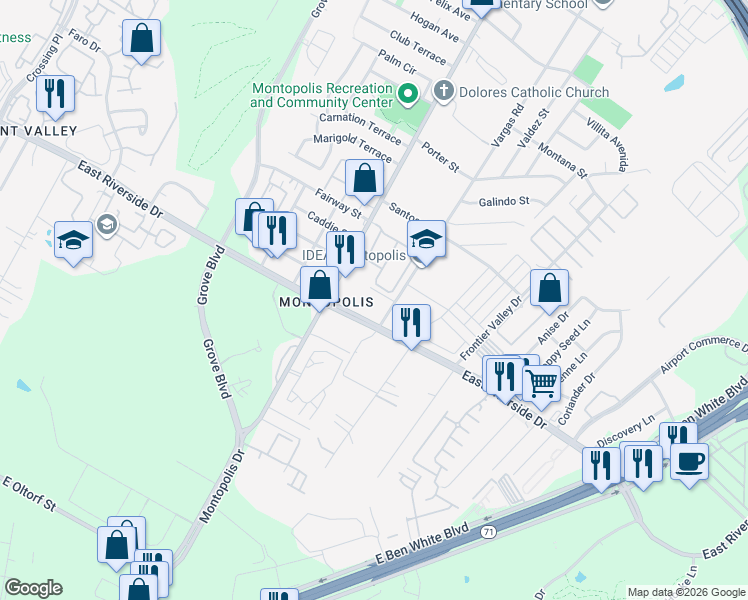 map of restaurants, bars, coffee shops, grocery stores, and more near 6400 East Riverside Drive in Austin