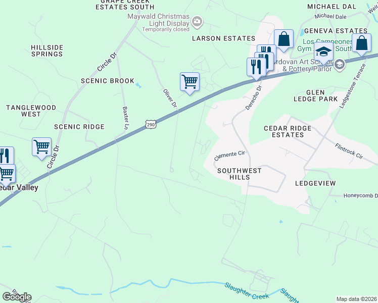 map of restaurants, bars, coffee shops, grocery stores, and more near 10205 Oliver Drive in Austin