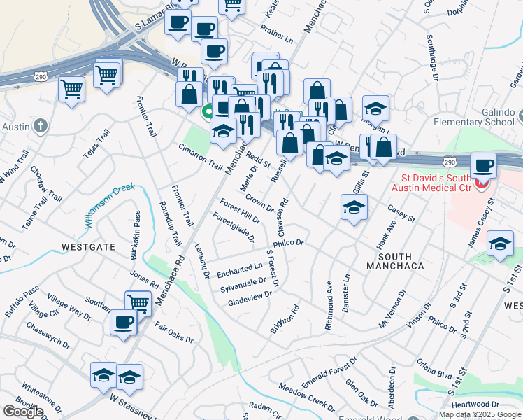 map of restaurants, bars, coffee shops, grocery stores, and more near 1709 Crown Dr in Austin