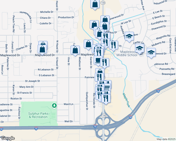 map of restaurants, bars, coffee shops, grocery stores, and more near 116 Garden St in Sulphur