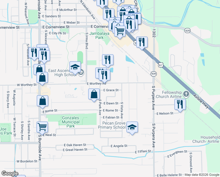 map of restaurants, bars, coffee shops, grocery stores, and more near 1122 East Grace Street in Gonzales