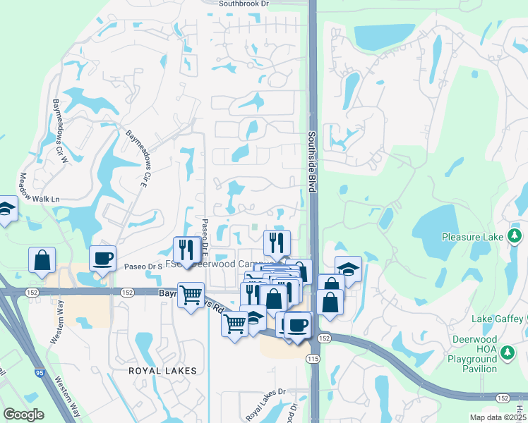 map of restaurants, bars, coffee shops, grocery stores, and more near 2404 Wood Hill Place in Jacksonville