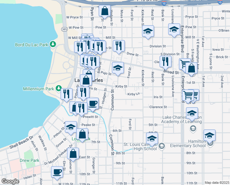 map of restaurants, bars, coffee shops, grocery stores, and more near 618 Kirby Street in Lake Charles