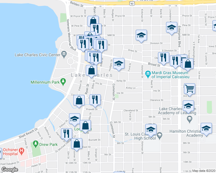 map of restaurants, bars, coffee shops, grocery stores, and more near 510 Iris Street in Lake Charles