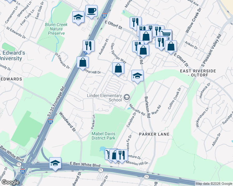 map of restaurants, bars, coffee shops, grocery stores, and more near 2900 Pither Lane in Austin