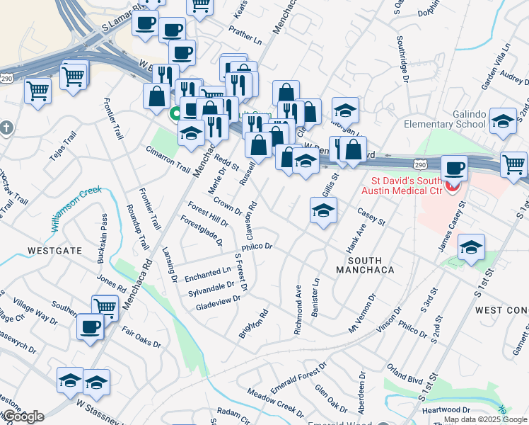map of restaurants, bars, coffee shops, grocery stores, and more near 4511 Clawson Road in Austin