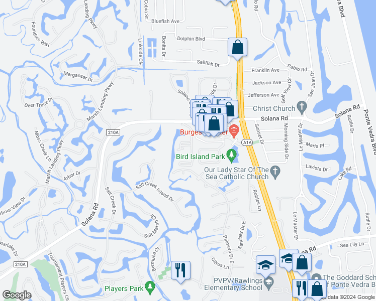 map of restaurants, bars, coffee shops, grocery stores, and more near 600 Sandiron Circle in Ponte Vedra Beach