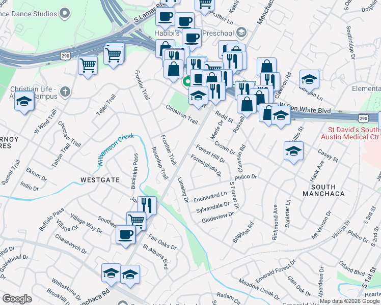 map of restaurants, bars, coffee shops, grocery stores, and more near 1906 Forestglade Drive in Austin
