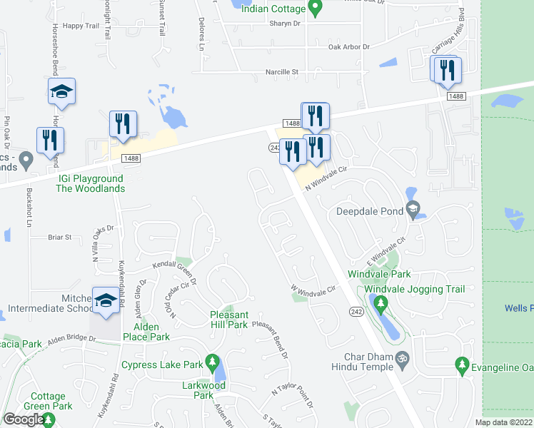 map of restaurants, bars, coffee shops, grocery stores, and more near 142 North Camellia Grove Circle in Spring