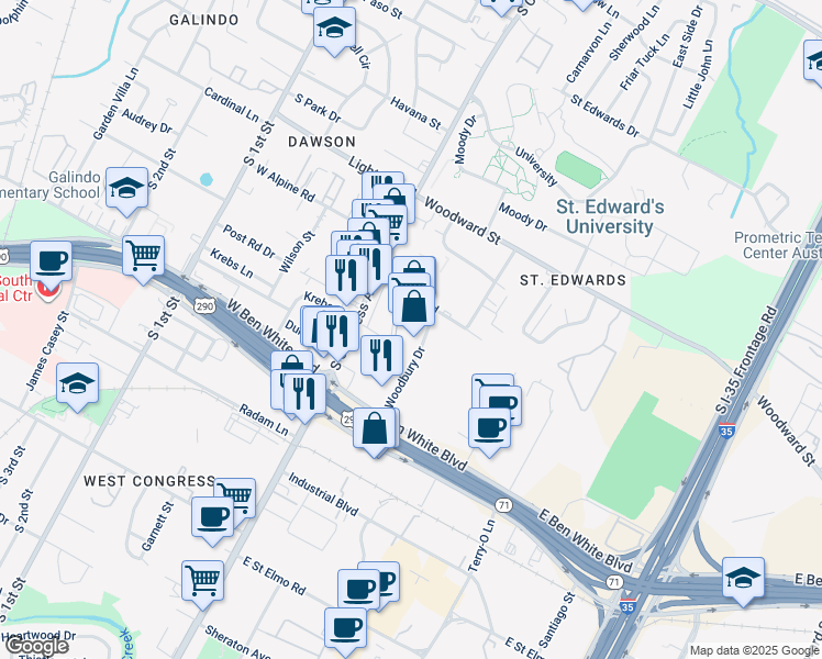 map of restaurants, bars, coffee shops, grocery stores, and more near 3708 Woodbury Drive in Austin