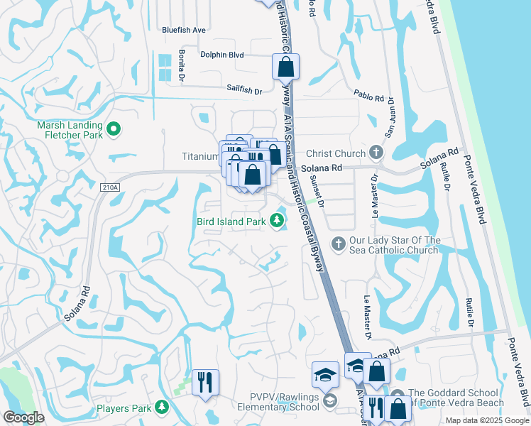map of restaurants, bars, coffee shops, grocery stores, and more near 213 La Pasada Circle East in Ponte Vedra Beach