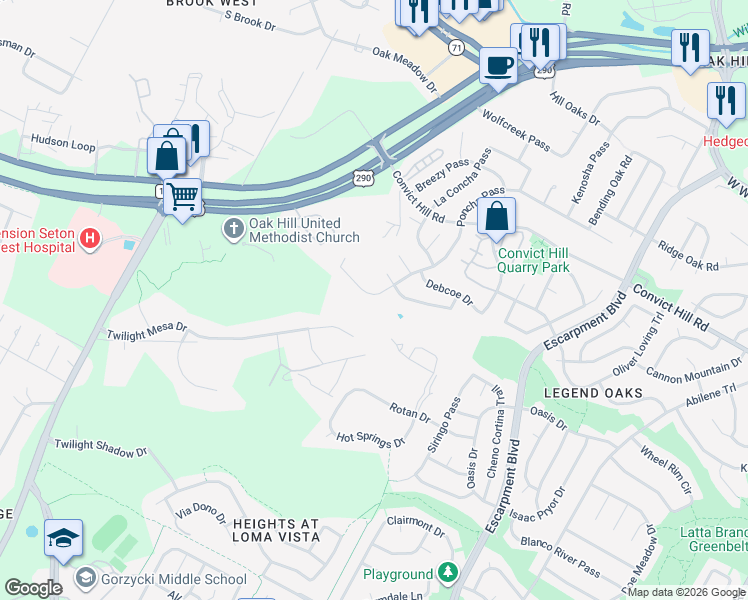 map of restaurants, bars, coffee shops, grocery stores, and more near 6813 Poncha Pass in Austin