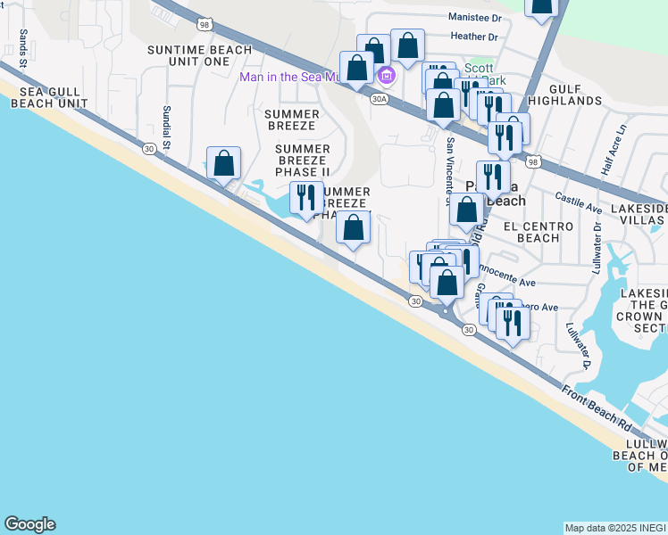 map of restaurants, bars, coffee shops, grocery stores, and more near 17283 Front Beach Road in Panama City Beach