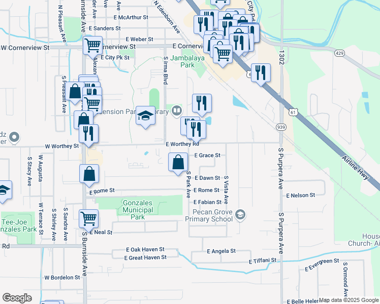 map of restaurants, bars, coffee shops, grocery stores, and more near 1023 S Park Ave in Gonzales
