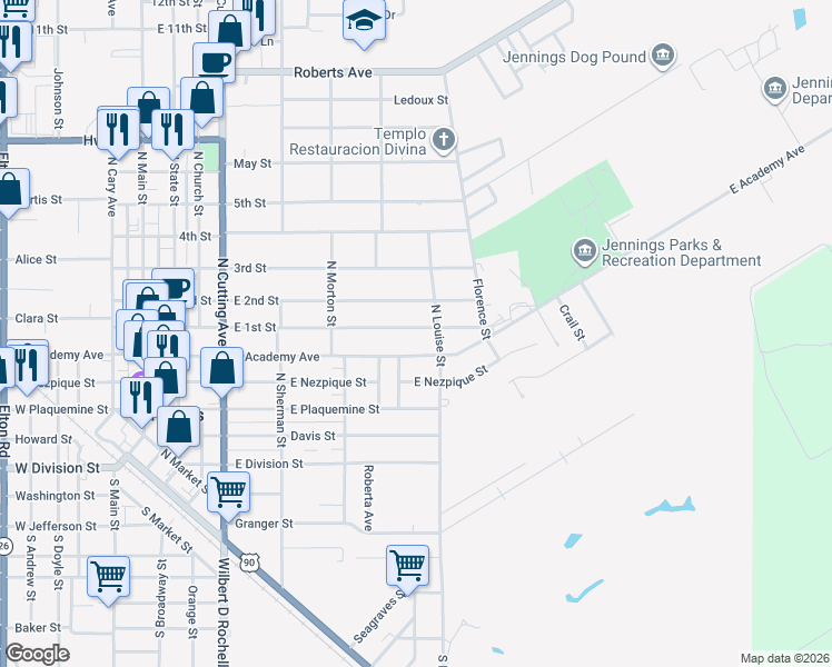 map of restaurants, bars, coffee shops, grocery stores, and more near 715 East 1st Street in Jennings