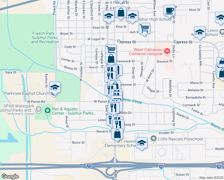 map of restaurants, bars, coffee shops, grocery stores, and more near 1605 Ruth St in Sulphur