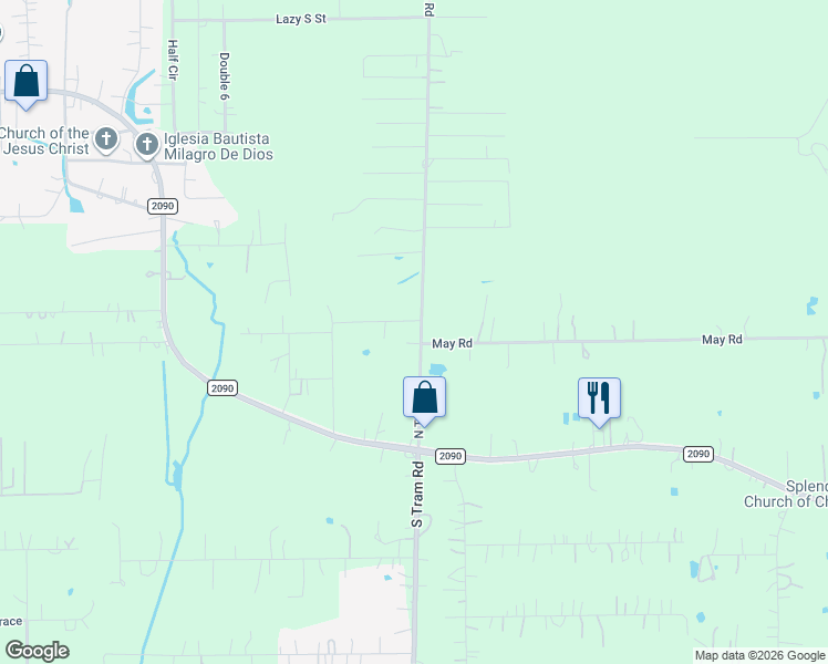 map of restaurants, bars, coffee shops, grocery stores, and more near 15050 North Tram Road in Splendora