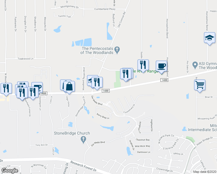map of restaurants, bars, coffee shops, grocery stores, and more near 4800 Farm to Market Road 1488 in Magnolia