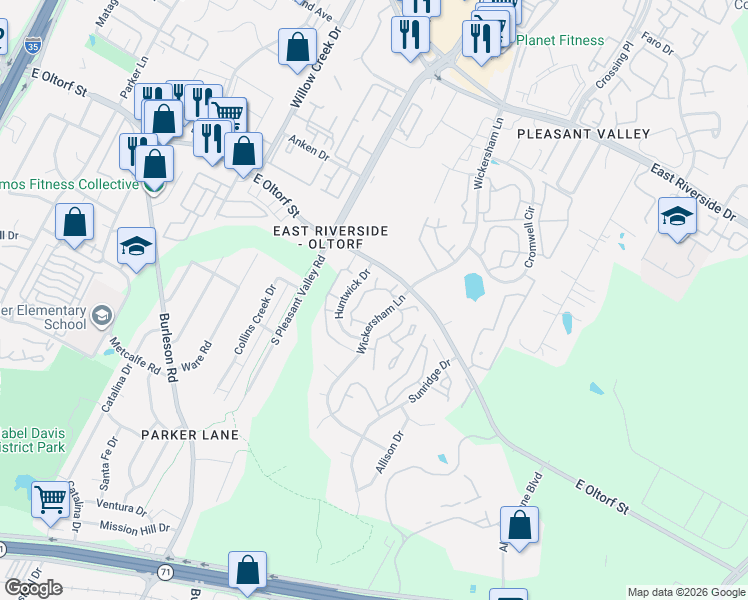 map of restaurants, bars, coffee shops, grocery stores, and more near 2502 Wickersham Lane in Austin