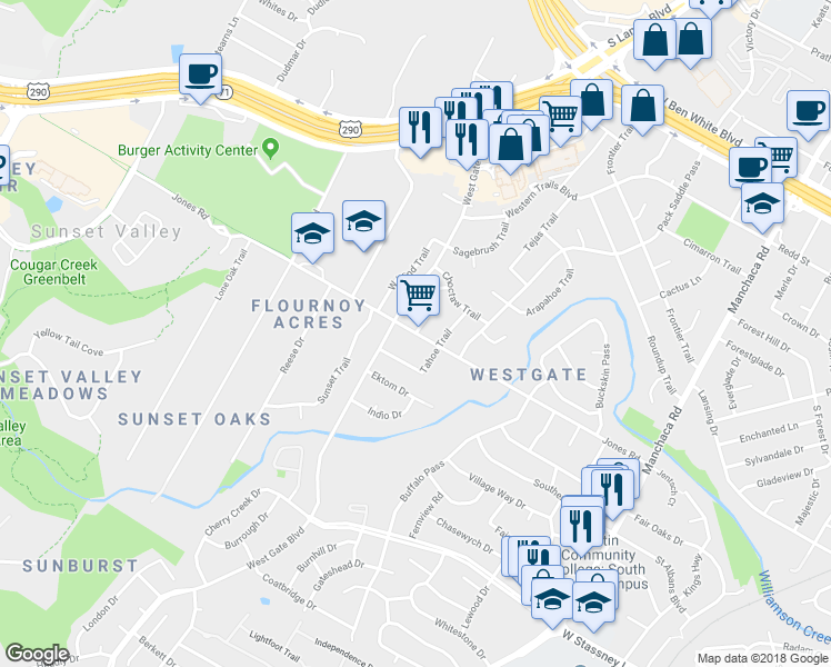 map of restaurants, bars, coffee shops, grocery stores, and more near Jones Road & Winding Trail in Austin