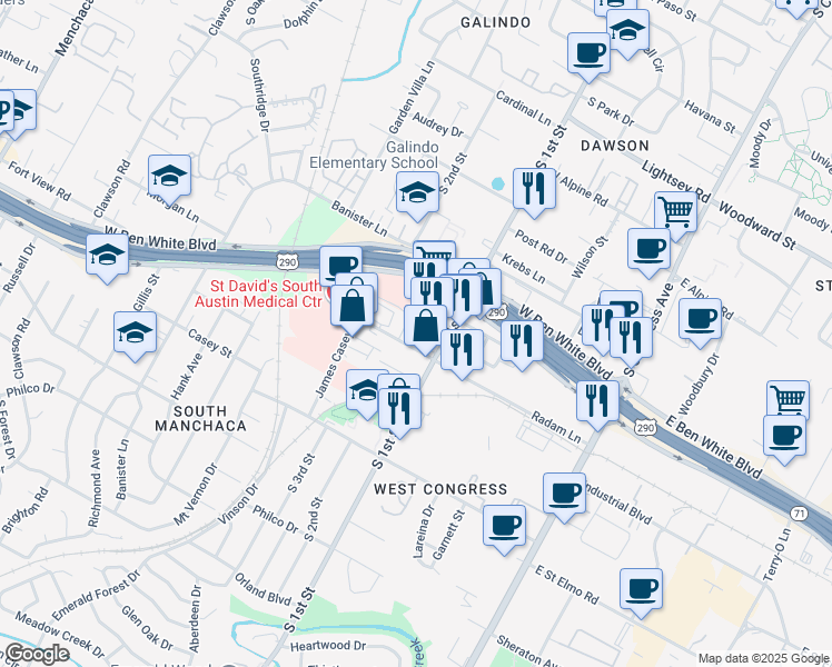 map of restaurants, bars, coffee shops, grocery stores, and more near 608 Radam Lane in Austin