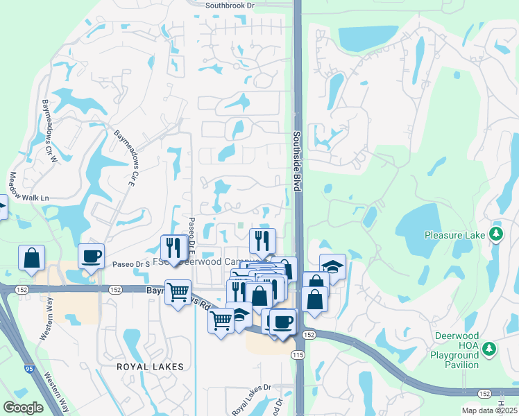 map of restaurants, bars, coffee shops, grocery stores, and more near 2404 Wood Hill Place in Jacksonville