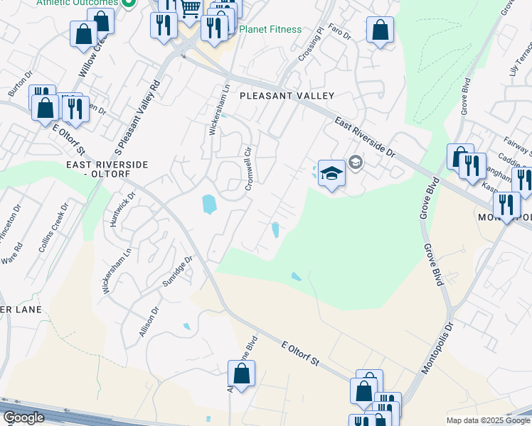 map of restaurants, bars, coffee shops, grocery stores, and more near 2311 Riverside Farms Road in Austin
