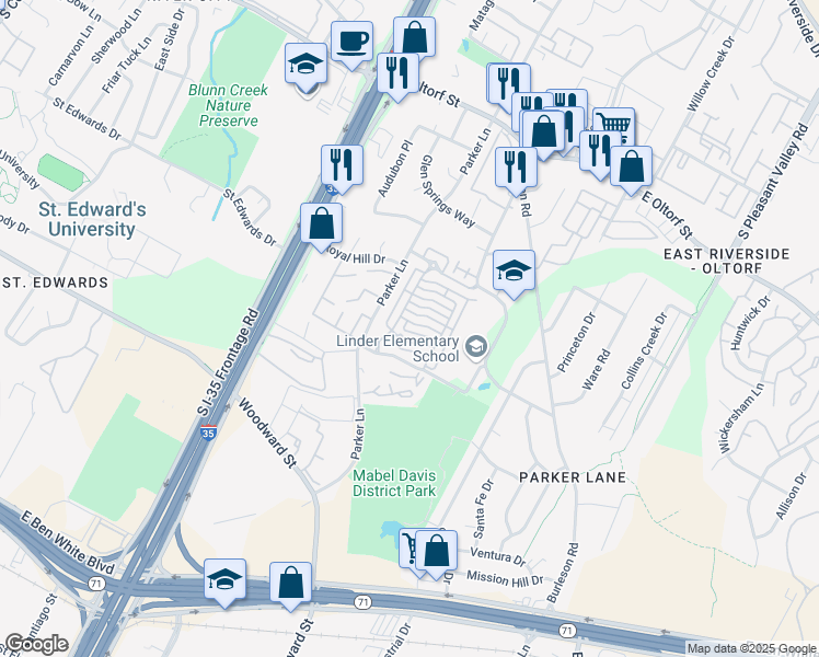 map of restaurants, bars, coffee shops, grocery stores, and more near 1925 Warely Lane in Austin