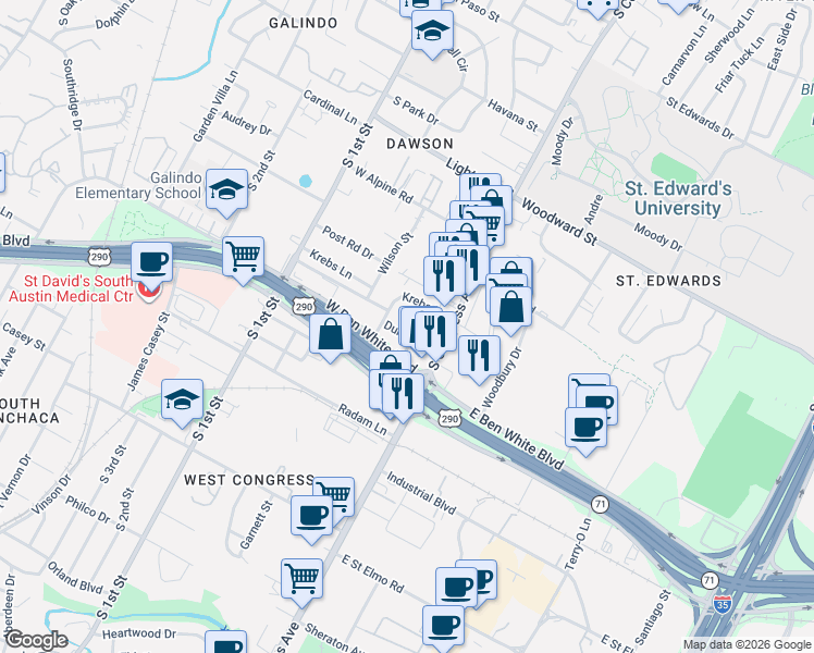 map of restaurants, bars, coffee shops, grocery stores, and more near 3813 Wadford Street in Austin