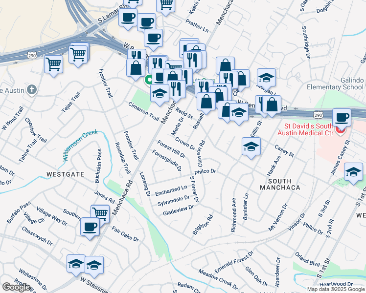 map of restaurants, bars, coffee shops, grocery stores, and more near 1709 Crown Drive in Austin