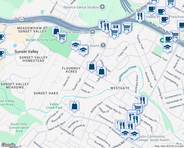 map of restaurants, bars, coffee shops, grocery stores, and more near 2623 Jones Road in Austin