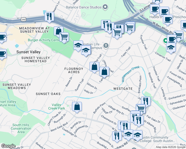 map of restaurants, bars, coffee shops, grocery stores, and more near 5220 Tahoe Trail in Austin