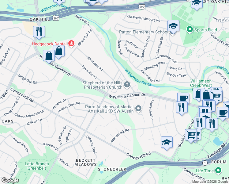 map of restaurants, bars, coffee shops, grocery stores, and more near 5328 West William Cannon Drive in Austin