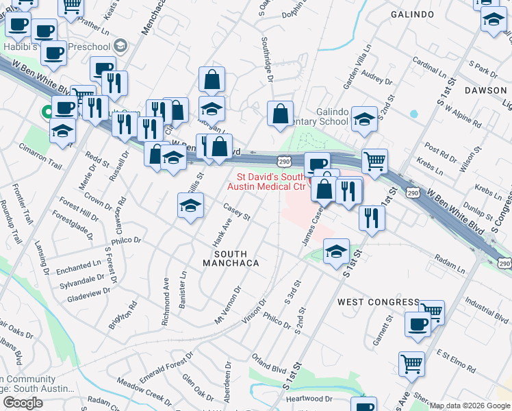map of restaurants, bars, coffee shops, grocery stores, and more near 4316 Jinx Avenue in Austin