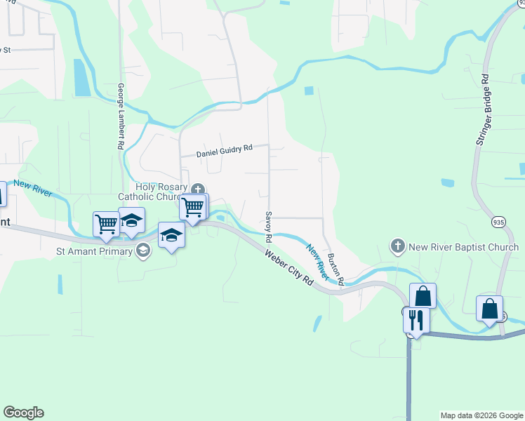 map of restaurants, bars, coffee shops, grocery stores, and more near 10517 Savoy Road in Saint Amant