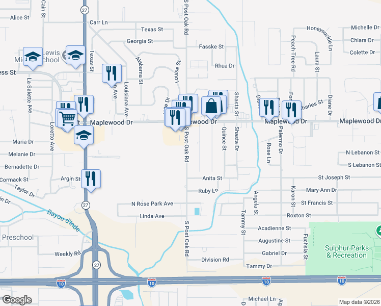 map of restaurants, bars, coffee shops, grocery stores, and more near 1401-1599 S Post Oak Rd in Sulphur