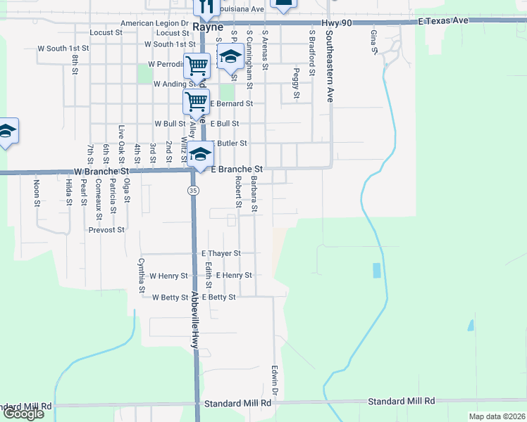 map of restaurants, bars, coffee shops, grocery stores, and more near 598 Huff Street in Rayne
