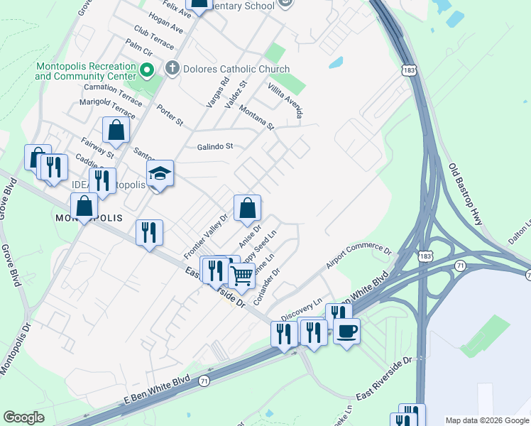 map of restaurants, bars, coffee shops, grocery stores, and more near 1308 Anise Drive in Austin