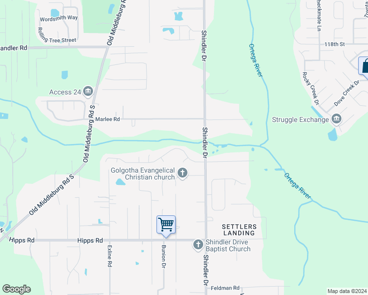 map of restaurants, bars, coffee shops, grocery stores, and more near 8881 Shindler Crossing Drive in Jacksonville