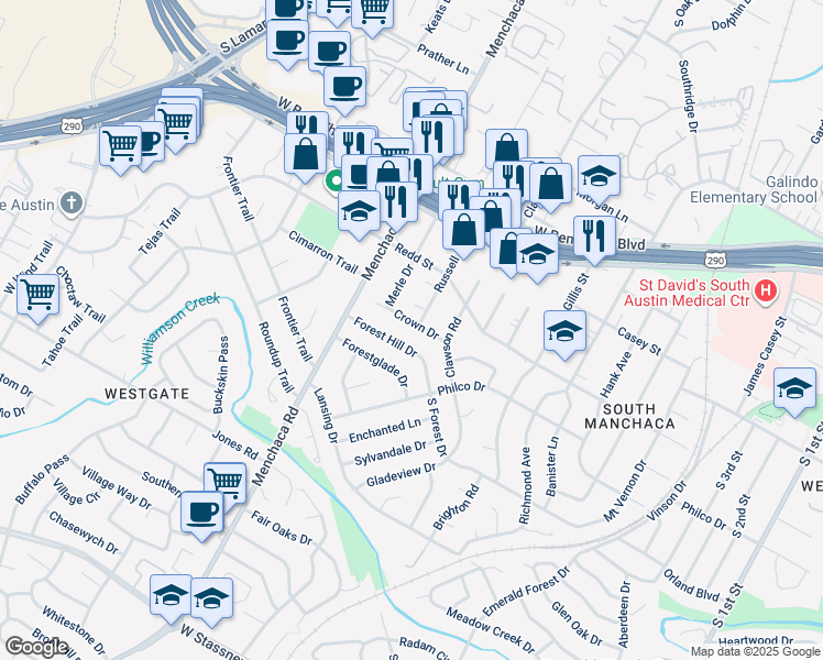 map of restaurants, bars, coffee shops, grocery stores, and more near 1709 Crown Drive in Austin