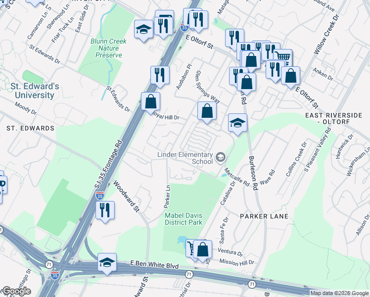 map of restaurants, bars, coffee shops, grocery stores, and more near 1925 Warely Lane in Austin