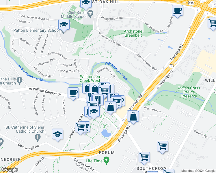 map of restaurants, bars, coffee shops, grocery stores, and more near 4515 Langtry Lane in Austin