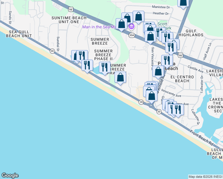map of restaurants, bars, coffee shops, grocery stores, and more near 17283 Front Beach Road in Panama City Beach