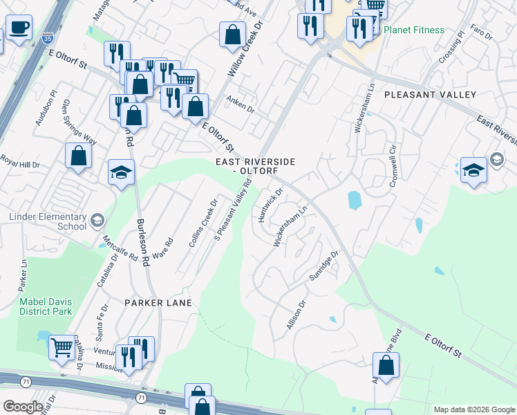 map of restaurants, bars, coffee shops, grocery stores, and more near 10 Huntwick Drive in Austin