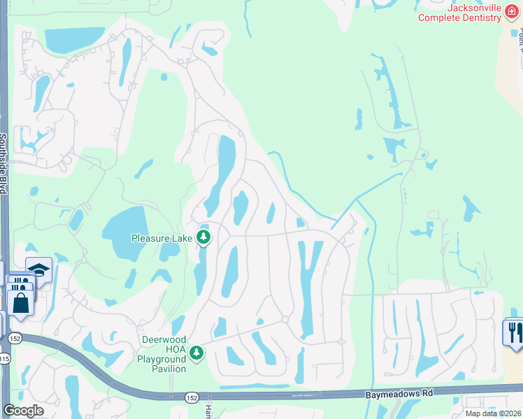 map of restaurants, bars, coffee shops, grocery stores, and more near 7976 Woodpecker Trail in Jacksonville
