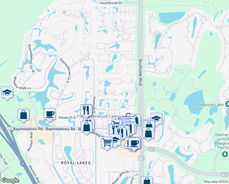map of restaurants, bars, coffee shops, grocery stores, and more near 2404 Wood Hill Place in Jacksonville
