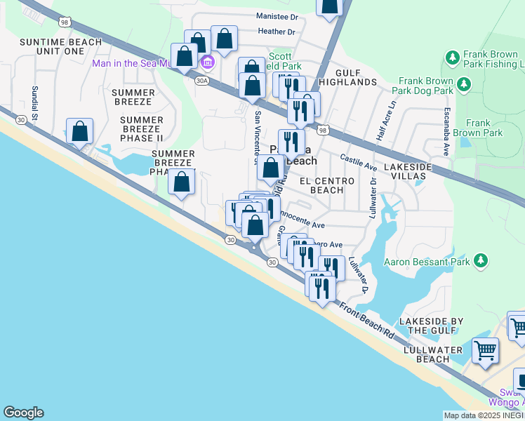 map of restaurants, bars, coffee shops, grocery stores, and more near 258 Florida 79 in Panama City Beach