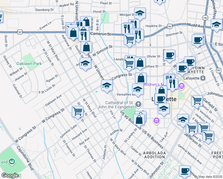 map of restaurants, bars, coffee shops, grocery stores, and more near 1312 West University Avenue in Lafayette
